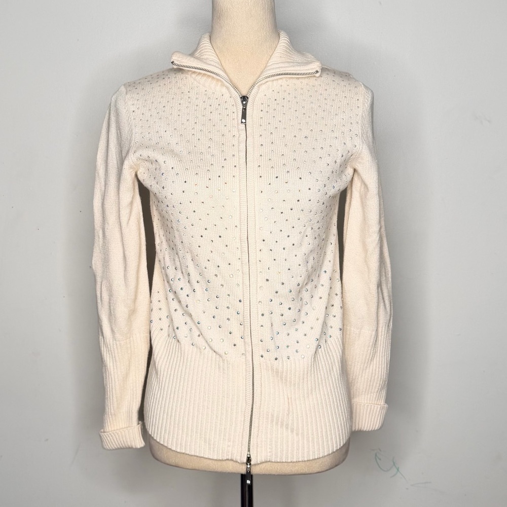 Boston Proper Cream Cardigan Sweater Zip-Up with Rhinestone Accents Size M